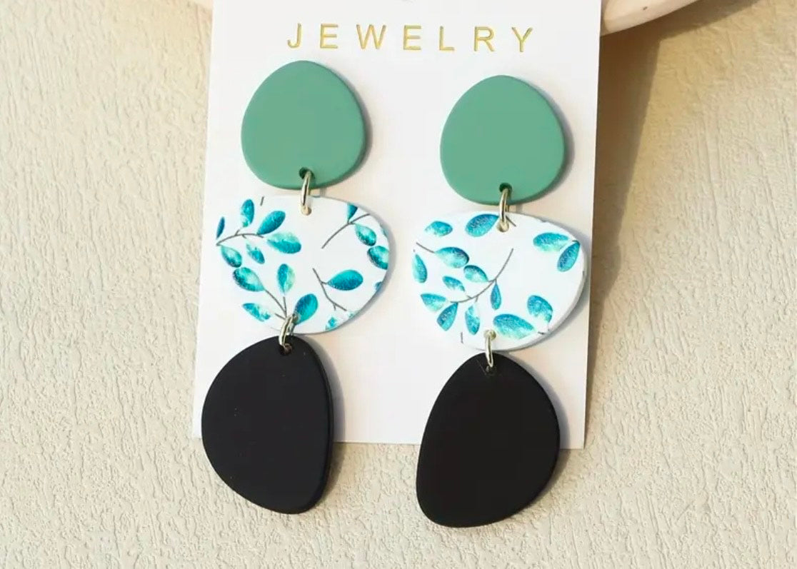 Green Floral and Leaf Print Long Acrylic Earrings