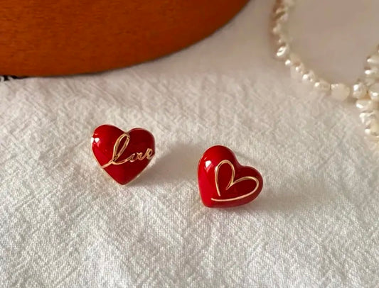 Red Heart &amp; Letter Love Asymmetric Stud Earrings