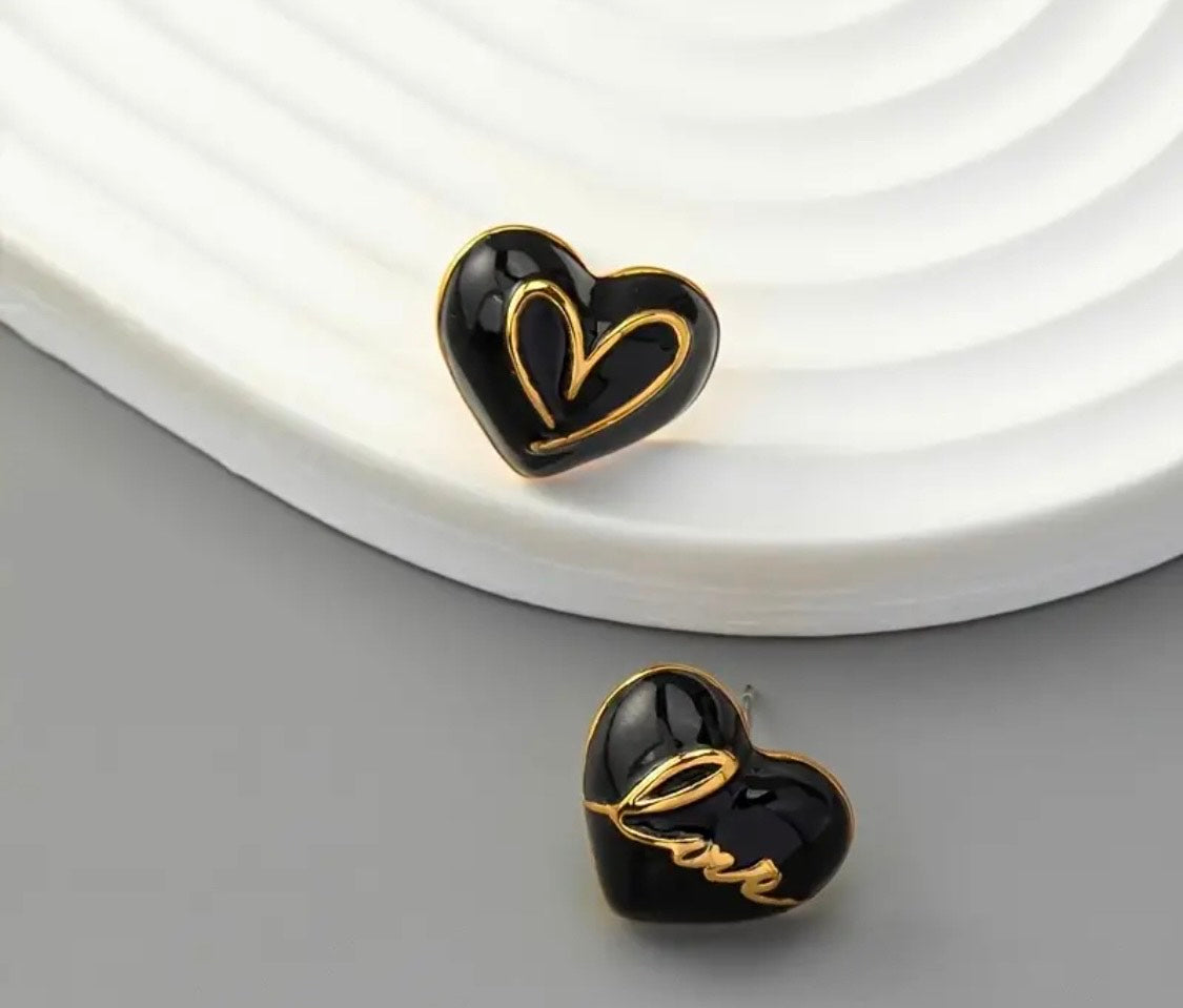 Black Heart &amp; Letter Love Asymmetric Stud Earrings